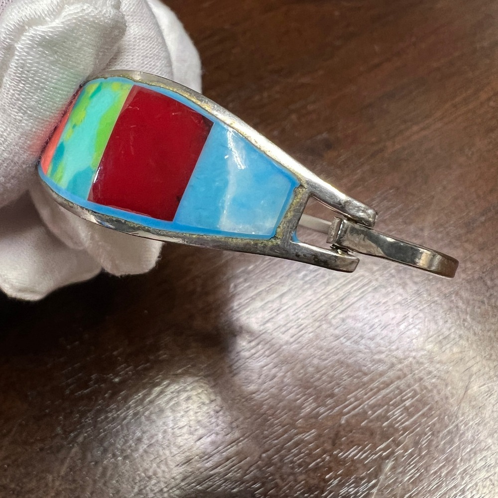 Vintage Alpaca Mexico Bangle Bracelet Multi Color Enamel Silver Tone 7.2 in - Picture 6 of 15